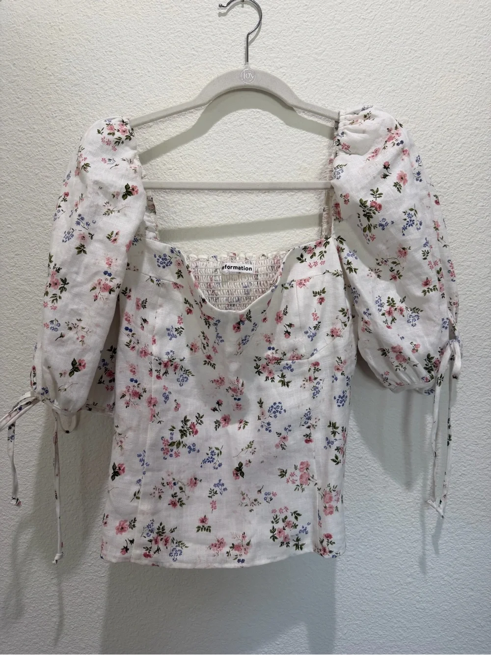 Reformation White Floral Puff-Sleeve Square Neck Top Size 12